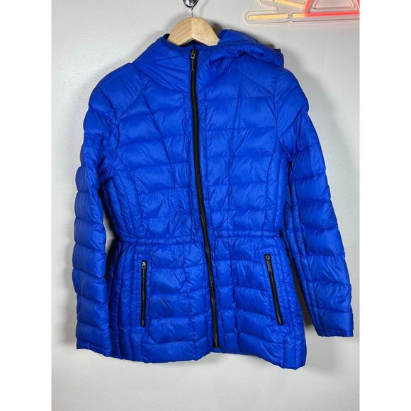 MICHAEL Michael Kors Blue Puffer Coat Hood Down Fill Cinch Waist Lightweight M - Picture 1 of 14